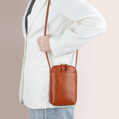 Borsa a Tracolla per Cellulare in Vera Pelle da Donna Pelle di Vacchetta Primo Fiore Piccola Borsa Spalla Trama Litchi