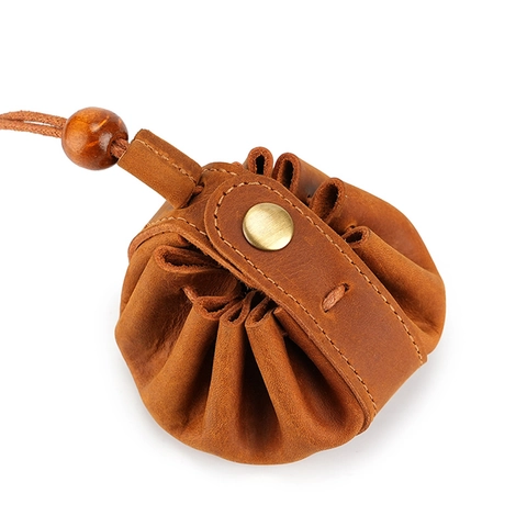 Mini Münzbörse Aus Echtem Leder Kordelzug Beutel Vintage Handgemachtes Rindsleder Kleines Portemonnaie Mit Holzperle