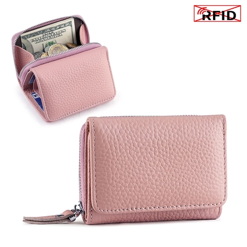Genuine Leather Tri-fold Wallet Women RFID Blocking Pebbled Cowhide Card Holder Zipper Coin Pocket Minimalist Daily Purse