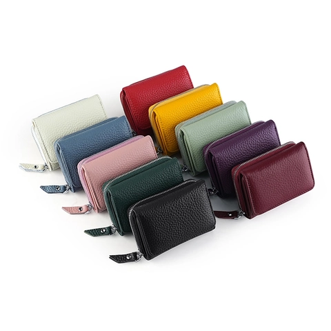 Genuine Leather Tri-fold Wallet Women RFID Blocking Pebbled Cowhide Card Holder Zipper Coin Pocket Minimalist Daily Purse