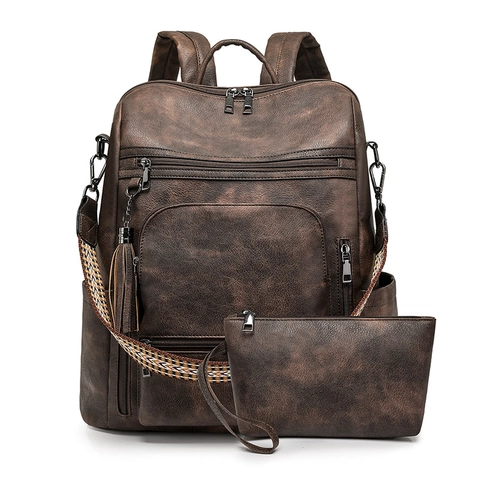 Sac À Dos Vintage Femme En Cuir PU Grande Capacité Compartiment Ordinateur Sangle Tissée Bohème Gland Et Pochette