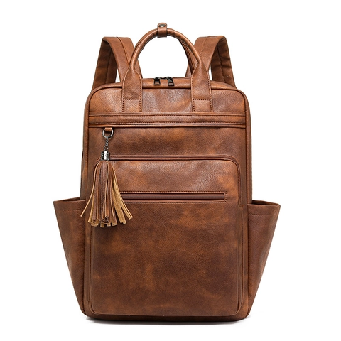 Mochila De Negocios De Cuero PU Vintage Gran Capacidad Bolsa Para Computadora Con Detalle De Borla Para Mujeres Viaje Trabajo