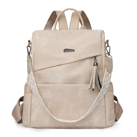 Women Fashion Anti Theft Backpack PU Synthetic Leather Travel Rucksack With Tassel Geometric Woven Shoulder Strap Bag