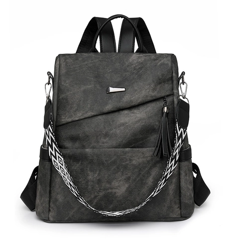 Women Fashion Anti Theft Backpack PU Synthetic Leather Travel Rucksack With Tassel Geometric Woven Shoulder Strap Bag