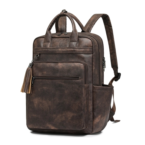 Vintage PU Leather Backpack Large Capacity Multi Pocket With Tassel For Travel Business Laptop School Bag