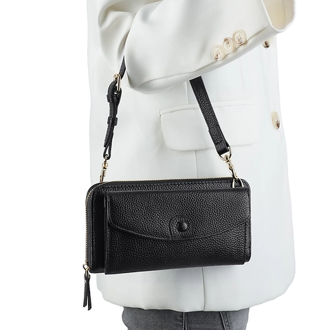 Sac à Bandoulière pour Femmes en Cuir de Vachette Véritable Motif Litchi Rabat Fermeture Éclair Portefeuille pour Téléphone Bandoulière Réglable
