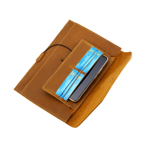 Genuine Cowhide Leather Laptop Sleeve Bag Retro Envelope Document Organizer With String Tie Closure Notebook Tablet Case