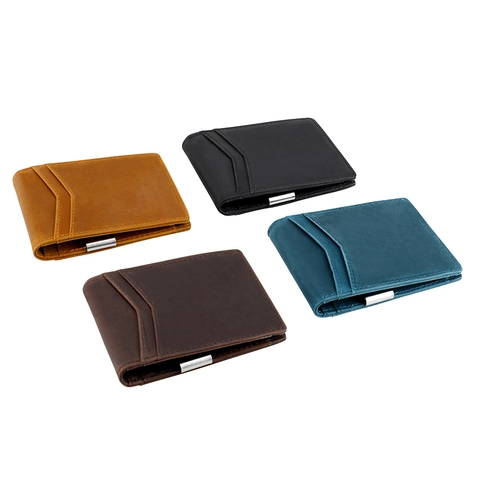 Portefeuille Rétro en Cuir de Vachette Véritable pour Hommes Bifold Avec Protection RFID Clip à Billets Porte-Cartes Mince