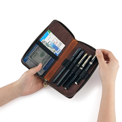Vintage Crazy Horse Leather Pencil Case Multi-functional Zip-around Pen Bag Large Capacity Stationery Organizer Pouch For School Office Business