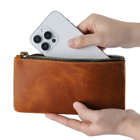 Lange Geldbörse Clutch Tasche Echtes Rindsleder Retro Große Kapazität Reißverschluss Handy Organizer Mit Handgelenkschlaufe