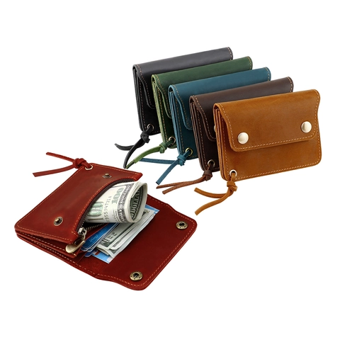 Portefeuille En Cuir De Vachette Véritable Vintage Anti RFID Porte Cartes Avec Poche Monnaie Zippée Rétro Fait Main