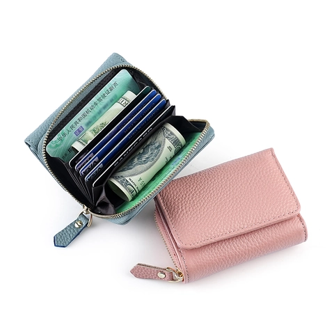 Genuine Leather Trifold Card Holder RFID Blocking Accordion Small Wallet First Layer Cowhide Coin Purse For Women Men