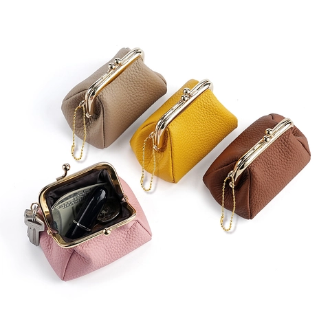 Women Vintage First Layer Cowhide Leather Coin Purse Mini Kiss Lock Wallet Lychee Pattern Small Change Pouch Key Holder With Chain
