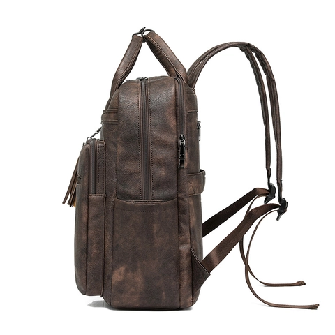 Vintage PU Leather Backpack Large Capacity Multi Pocket With Tassel For Travel Business Laptop School Bag