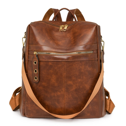 Women PU Leather Fashion Backpack Retro Large Capacity Wide Strap Shoulder Bag Handbag Casual Vintage For Students