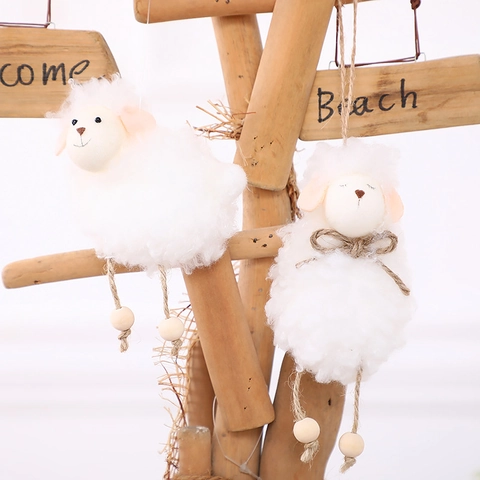 Ornement Suspendu Agneau en Peluche Fait Main Figurine de Mouton en Tissu de Mousse Avec Corde de Chanvre Perles en Bois Décoration de Table de Pâques pour la Maison
