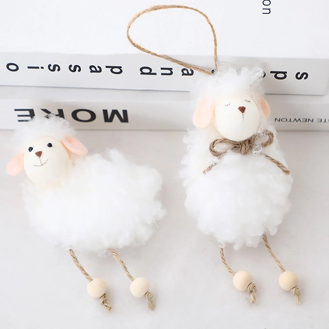 Ornement Suspendu Agneau en Peluche Fait Main Figurine de Mouton en Tissu de Mousse Avec Corde de Chanvre Perles en Bois Décoration de Table de Pâques pour la Maison