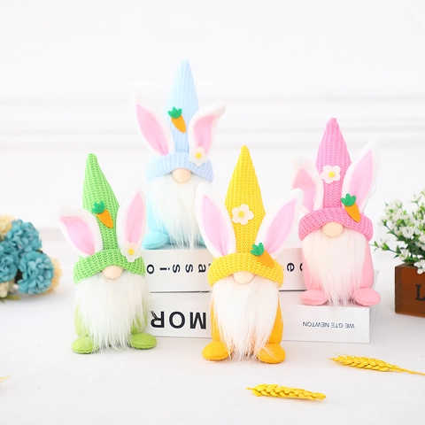 Gnomo di Pasqua Bambola Senza Volto Con Orecchie di Coniglio Carota Statuetta di Peluche a Maglia per Casa Festa Decorazione da Tavolo Regalo