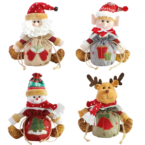 Christmas Drawstring Gift Bags Burlap Knitted Plush Cartoon Santa Snowman Reindeer Elf Holiday Candy Packaging Party Decor