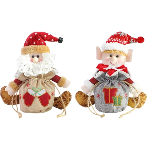 Christmas Drawstring Gift Bags Burlap Knitted Plush Cartoon Santa Snowman Reindeer Elf Holiday Candy Packaging Party Decor