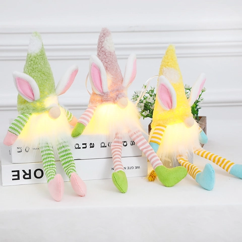 Gnome en Peluche de Pâques avec Oreilles de Lapin et Lumière Longues Jambes Rayées Tomte Suédois Fait Main Décoration Table