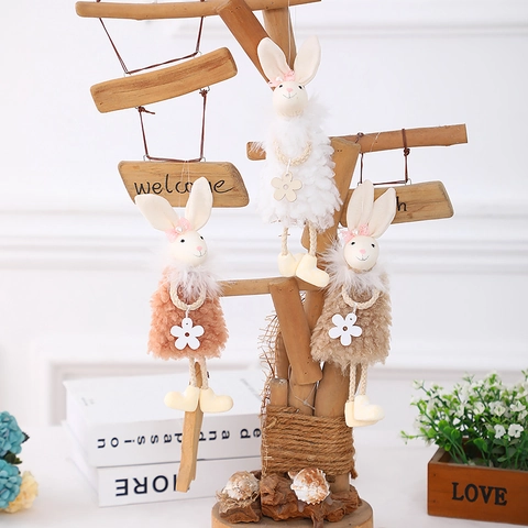 Decorazione Pasquale Pendaglio Coniglio di Peluche Gambe Lunghe Ornamento Con Fiocco Fiore Per Casa Festa Regalo Bambini