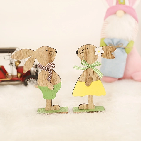 Easter Wooden Rabbit Ornaments Nordic Style DIY Painted Bunny Figurines With Bow Desktop Decoration For Home Party