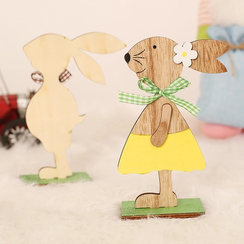 Easter Wooden Rabbit Ornaments Nordic Style DIY Painted Bunny Figurines With Bow Desktop Decoration For Home Party