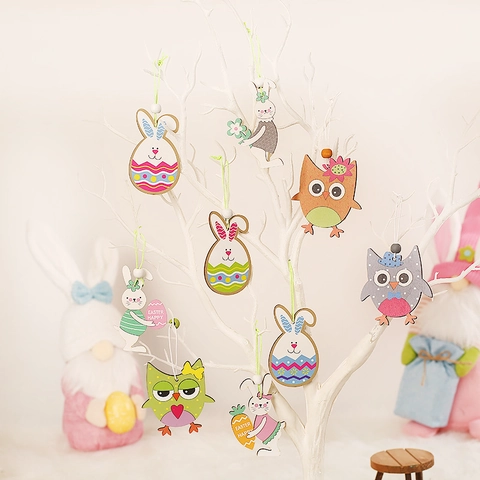 Ornamenti da Appendere in Legno di Pasqua Coniglio Gufo Motivo Floreale Pendenti Decorativi per Casa Festa Giardino