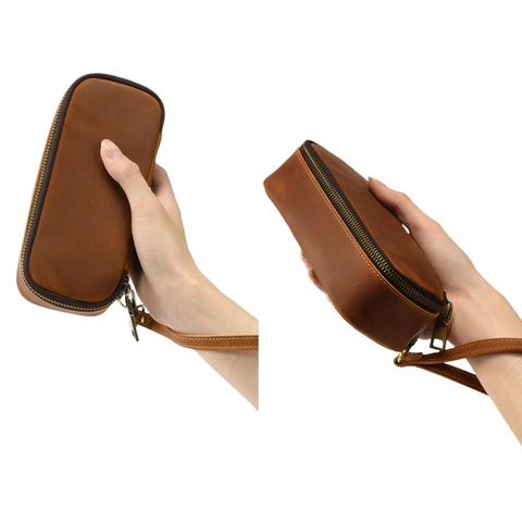 Vintage Genuine Leather Pipe Tobacco Storage Bag Zipper Portable Travel Smoking Accessory Case With Wrist Strap For Men