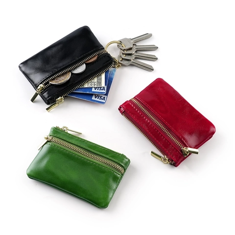Genuine Leather Coin Purse For Women Dual Zipper Key Bag First Layer Cowhide Oil Waxed Leather Small Card Holder Wallet