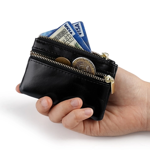 Genuine Leather Coin Purse For Women Dual Zipper Key Bag First Layer Cowhide Oil Waxed Leather Small Card Holder Wallet