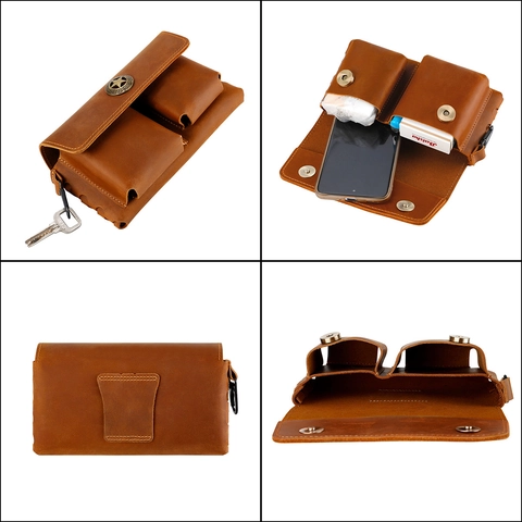 Men Vintage Crazy Horse Genuine Leather Waist Bag Multi-Pocket Phone Pouch Belt Loop Cigarette Case With Carabiner