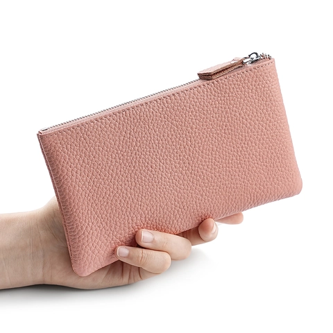 Damen Echtleder Geldbörse Große Kapazität Rindsleder Litschi Muster Reißverschluss Lange Clutch Handtasche Organizer Beutel