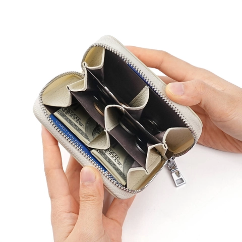 Porte-monnaie En Cuir De Vachette Blocage RFID Mini Portefeuille Accordéon Porte-cartes Zippé Compact Multi Emplacements