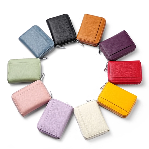 Porte-monnaie En Cuir De Vachette Blocage RFID Mini Portefeuille Accordéon Porte-cartes Zippé Compact Multi Emplacements