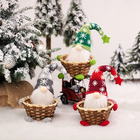 Christmas Gnome Faceless Doll Candy Basket Handwoven Bamboo Knitted Snowflake Hat Gnome Figurine Holiday Desktop Decor
