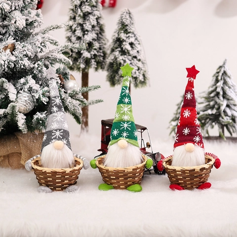 Christmas Gnome Faceless Doll Candy Basket Handwoven Bamboo Knitted Snowflake Hat Gnome Figurine Holiday Desktop Decor