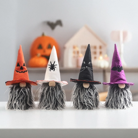 Halloween Gnomes Decorations Faceless Plush Doll With Bat Spider Cat Pumpkin Pattern Handcrafted Dwarf Ornament For Home Table Halloween Party Decor