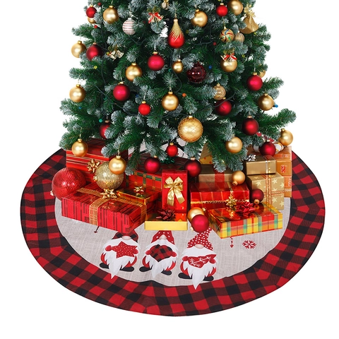 Weihnachtsbaumdecke Mit Karomuster Und Gnomen-Motiv Jute-Stoff Christbaumunterlage Für Heimdekoration Und Feiertage