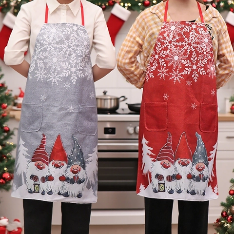Delantal De Cocina De Gnomo De Navidad Lino Estampado Copo De Nieve Halter Con Bolsillos Decoración De Fiesta Cocina
