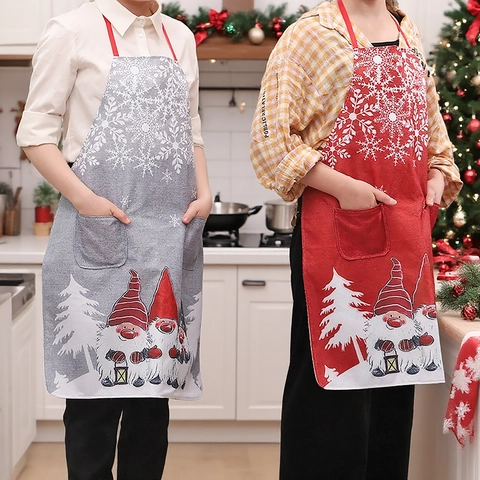 Delantal De Cocina De Gnomo De Navidad Lino Estampado Copo De Nieve Halter Con Bolsillos Decoración De Fiesta Cocina