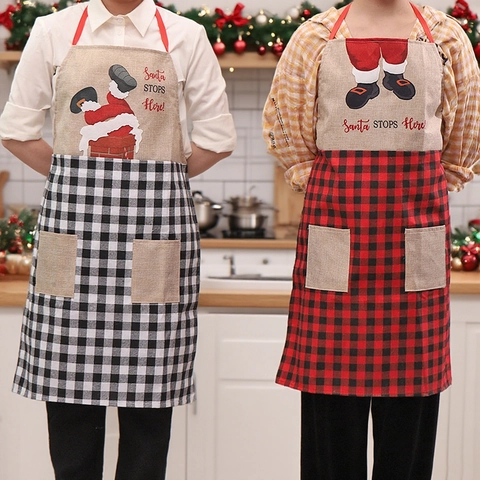 Grembiule Natalizio Stampa Babbo Natale Lino Cotone Quadri Tasche Anteriori Cinturino Regolabile Cucina Festa Vacanza