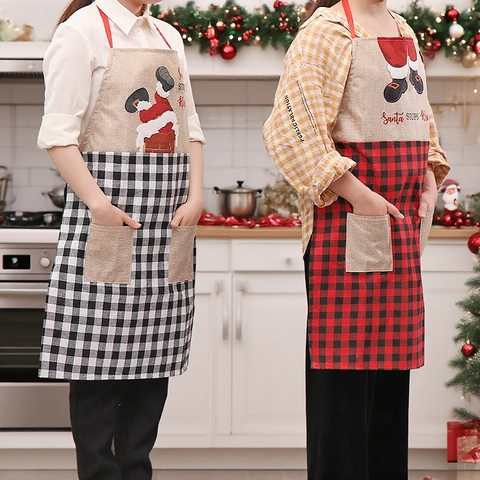 Grembiule Natalizio Stampa Babbo Natale Lino Cotone Quadri Tasche Anteriori Cinturino Regolabile Cucina Festa Vacanza