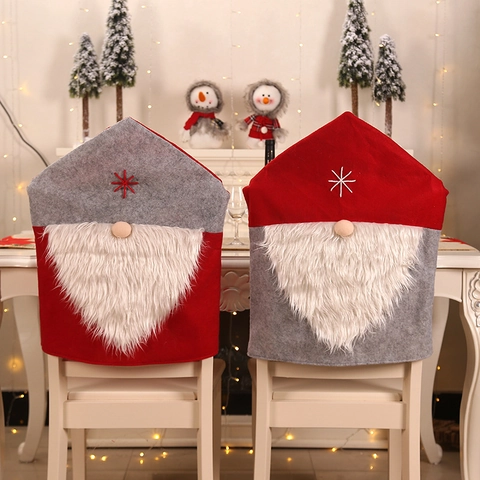 Gnome Christmas Chair Covers Felt Faux Fur Forest Man Red Grey Hat Dining Room Holiday Decorations Snowflake Embroidered