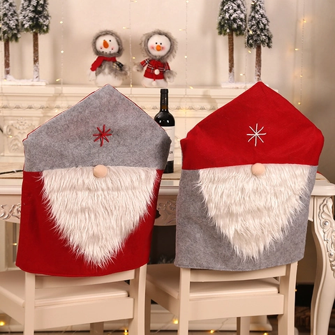 Christmas Gnome Chair Covers Felt Faux Fur Beard Santa Hat Design Holiday Dining Room Table Decoration Novelty Decor