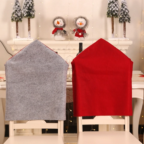 Gnome Christmas Chair Covers Felt Faux Fur Forest Man Red Grey Hat Dining Room Holiday Decorations Snowflake Embroidered