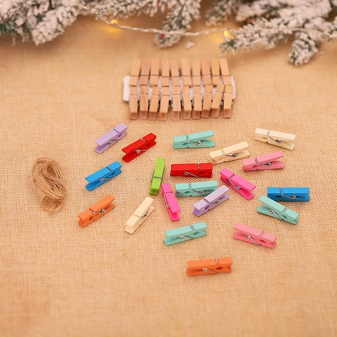 Mini Wooden Clips And Hemp Rope For Photo Wall Hanging DIY Crafts Christmas Home Decoration Natural Wood Clamps For Pictures