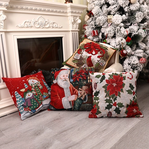 Weihnachts Kissenbezug Baumwoll Faser Mischung Jacquard Stickerei Quadratischer Feiertags Heimdekor Kissenhülle
