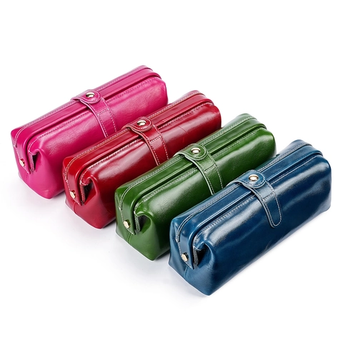 Genuine Leather Makeup Bag Retro Cowhide Toiletry Organizer Large Capacity Travel Cosmetic Case With Metal Clasp